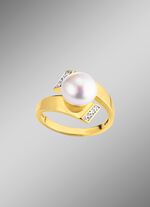 Damesring met zoetwaterkweekparels en kunststof. zirkonia 