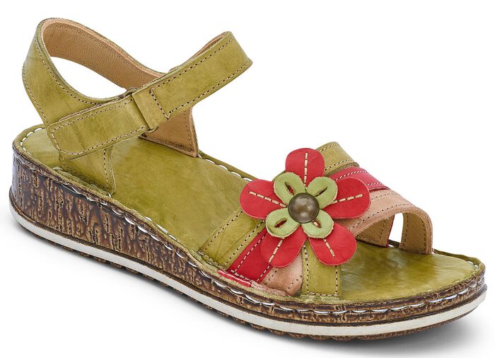 Sandalen in 3 kleuren met een stijlvolle leren bloem, breedte G OLIJFGROEN-MEERKLEURIG