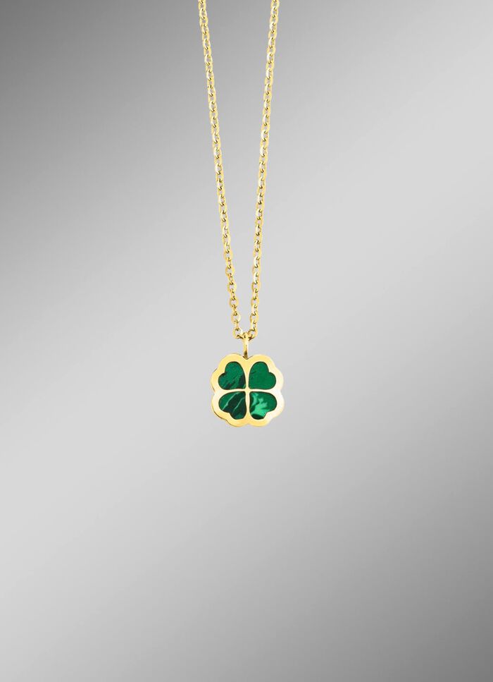 Geluksbrenger &ndash; klavertjevier hanger met echte malachiet 