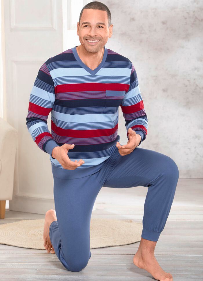 Set van twee pyjama's met V-hals en opgestikte borstzak in gestreept dessin 