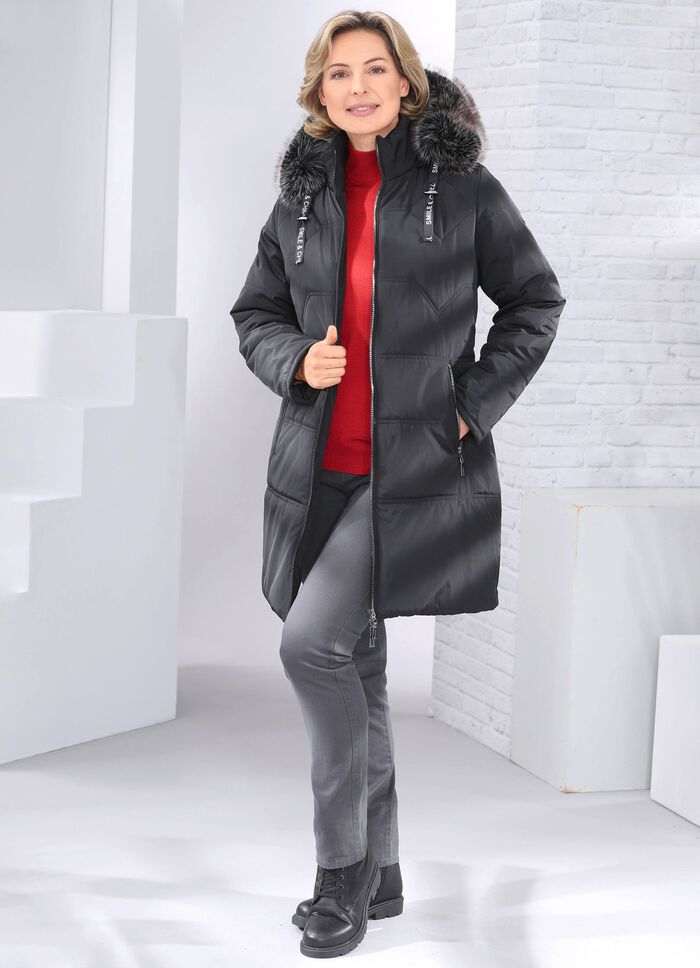 Korte jas met afneembare imitatiebontrand ZWART