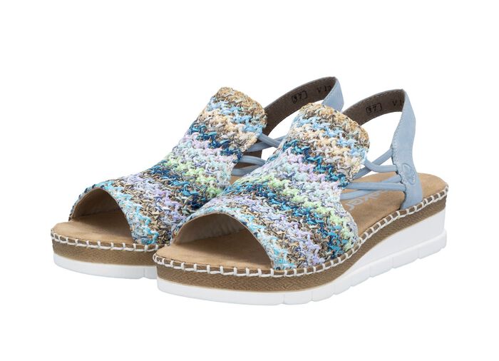 Rieker, zomerse damessandalen, met elastische bandjes aan de zijkant HELLBLAU-BUNT
