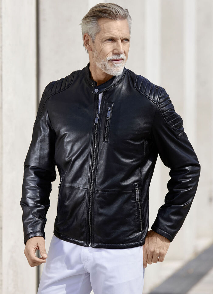 Kort leren jasje met decoratief stiksel 