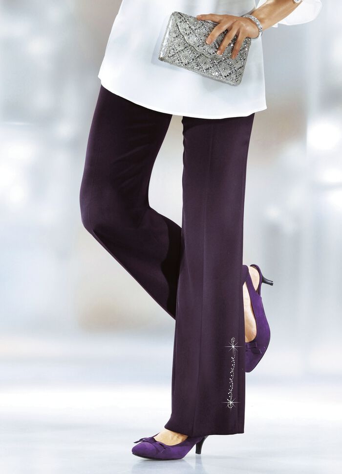 Broek met een opvallend siermotief met strasssteentjes AUBERGINE