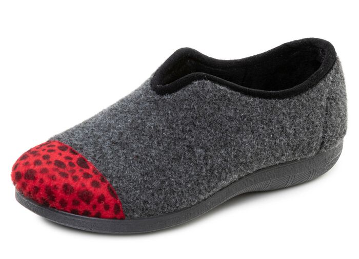 Laurina, trendy damespantoffels, breedte H, met luipaardprint ANTRACIET-ROOD