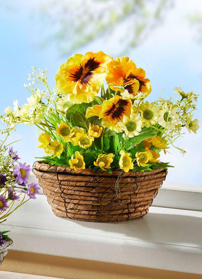 Viooltjes en madeliefjes in een rieten mand 