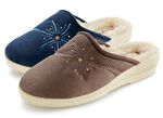 Tweepak warme damespantoffels, breedte H, met wol TAUPE+DONKERBLAUW