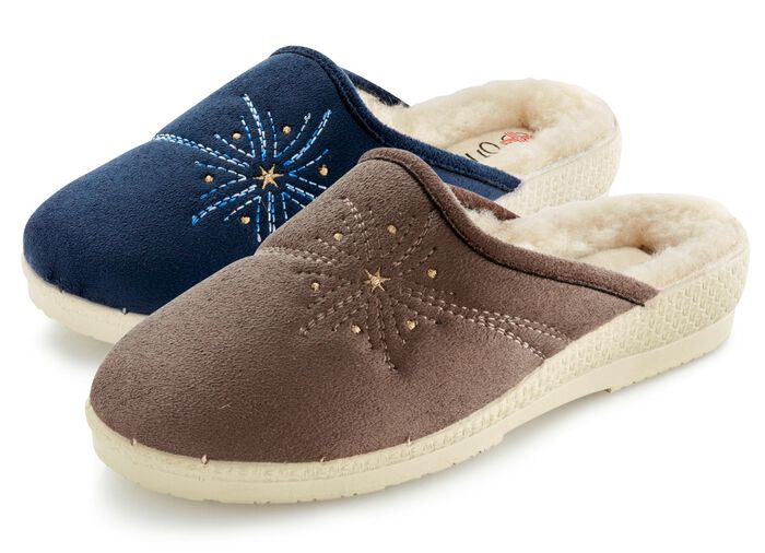 Tweepak warme damespantoffels, breedte H, met wol TAUPE+DONKERBLAUW