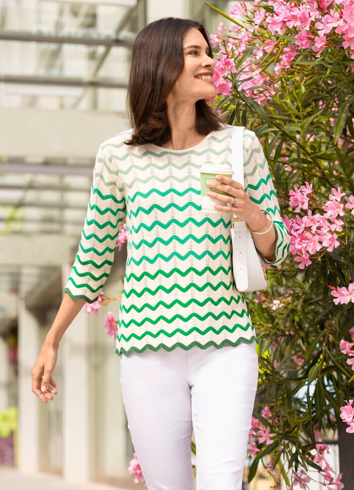 Trui met golvende strepen CREME-GR&Uuml;N