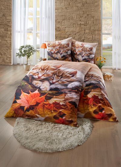Beddengoedset met kittens in herfstbladerenmotief 