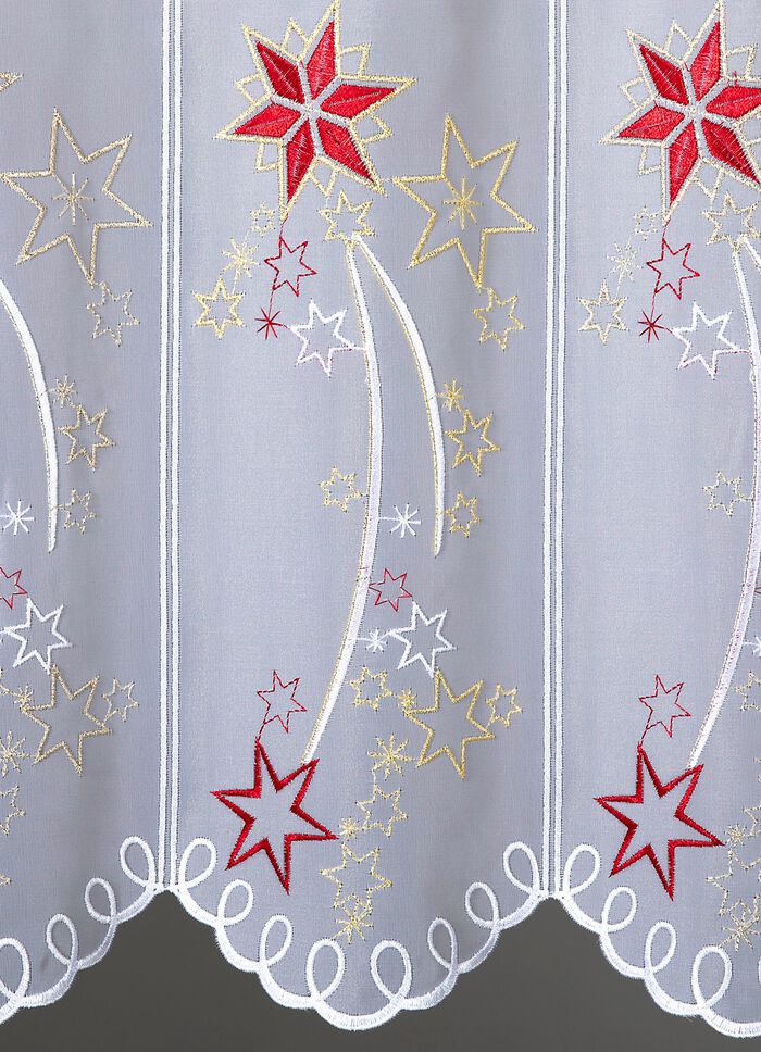 Kort gordijn met echt Plauen-borduurwerk en gemetalliseerd garen 