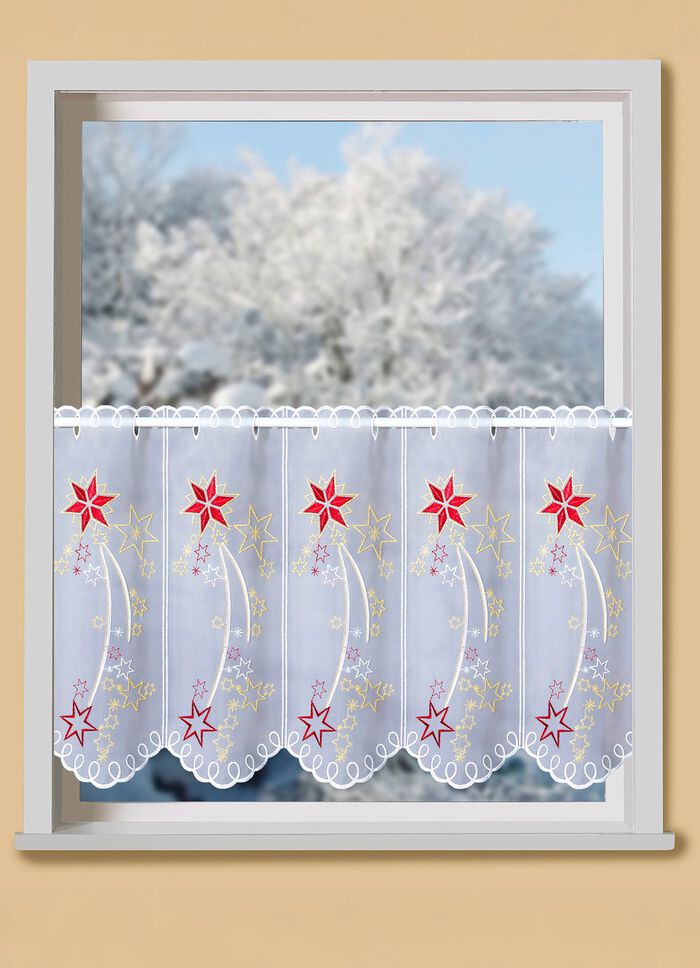 Kort gordijn met echt Plauen-borduurwerk en gemetalliseerd garen 