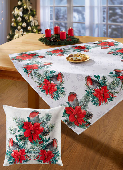 Tafel- en kamerdecoratie met schattige roodborstjes 