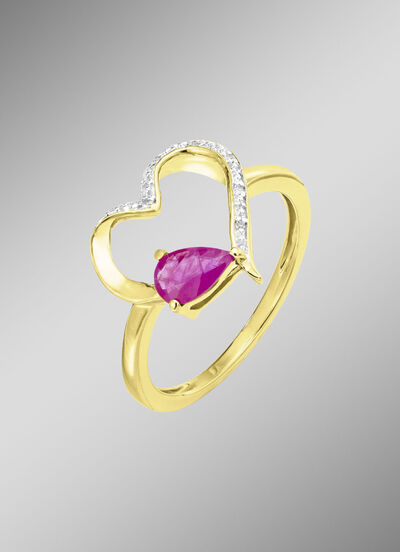 Damesring met echte robijn in de hartvormige ringkop 