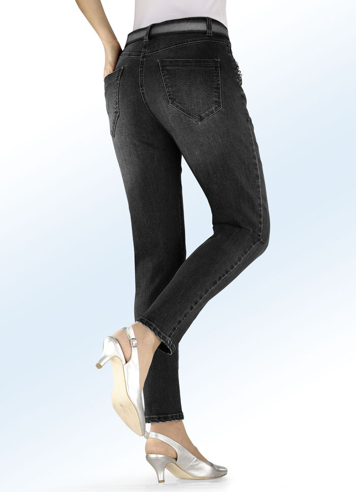 Jeans met 5 zakken, parels en siersteentjes ZWART