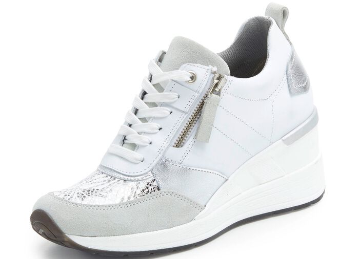 ELENA EDEN veterschoen met glanzend bedrukt elastisch materiaal WIT-LICHTGRIJS