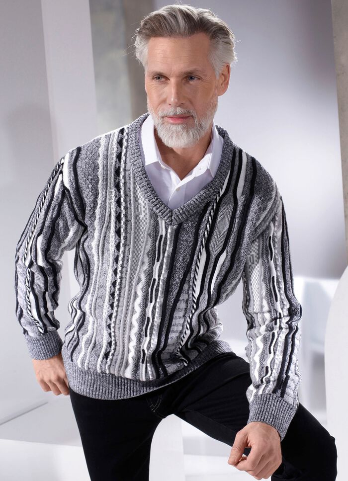 Trui met V-hals ZWART-GRIJS GEM&Ecirc;LEERD-WIT