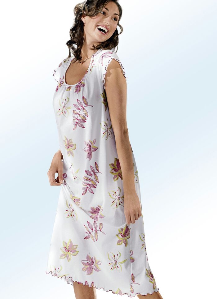 Nachthemd, korte mouwen met ronde hals WIT-KERSROOD