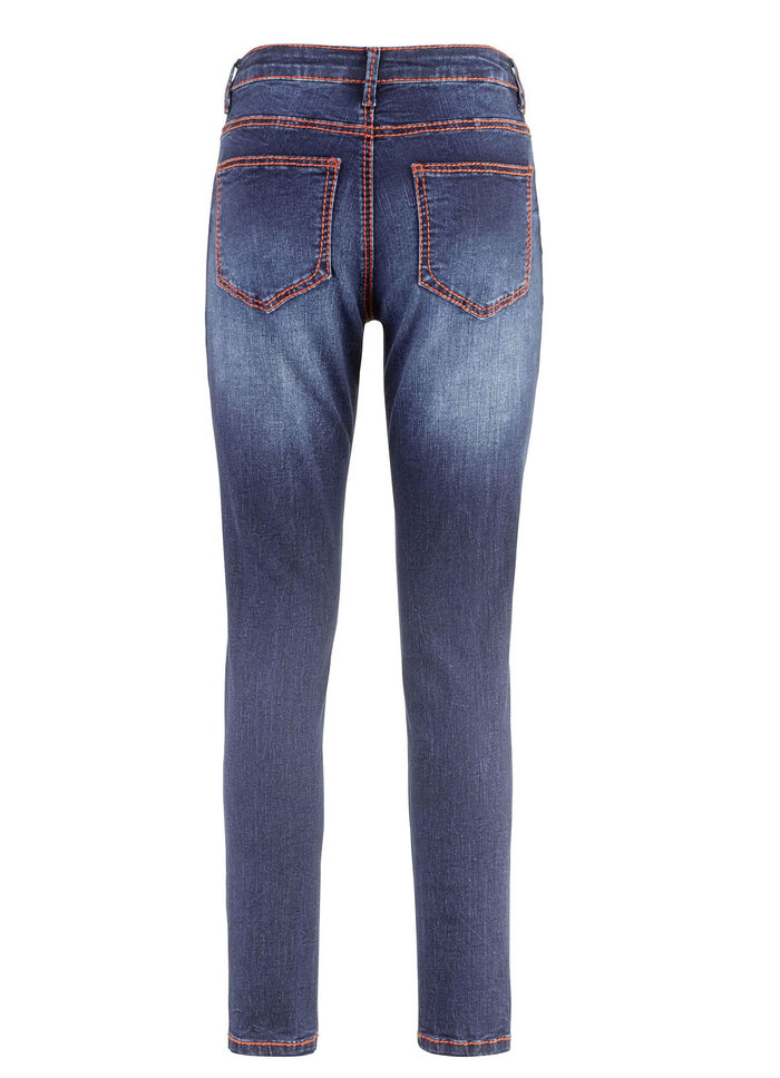 Jeans met terrakleurige contrasterende stiksels JEANS BLAUW