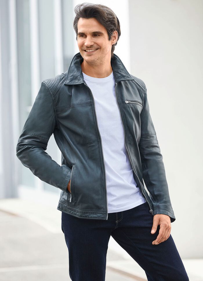 Korte lederen jas met opstaande/liggende kraag 