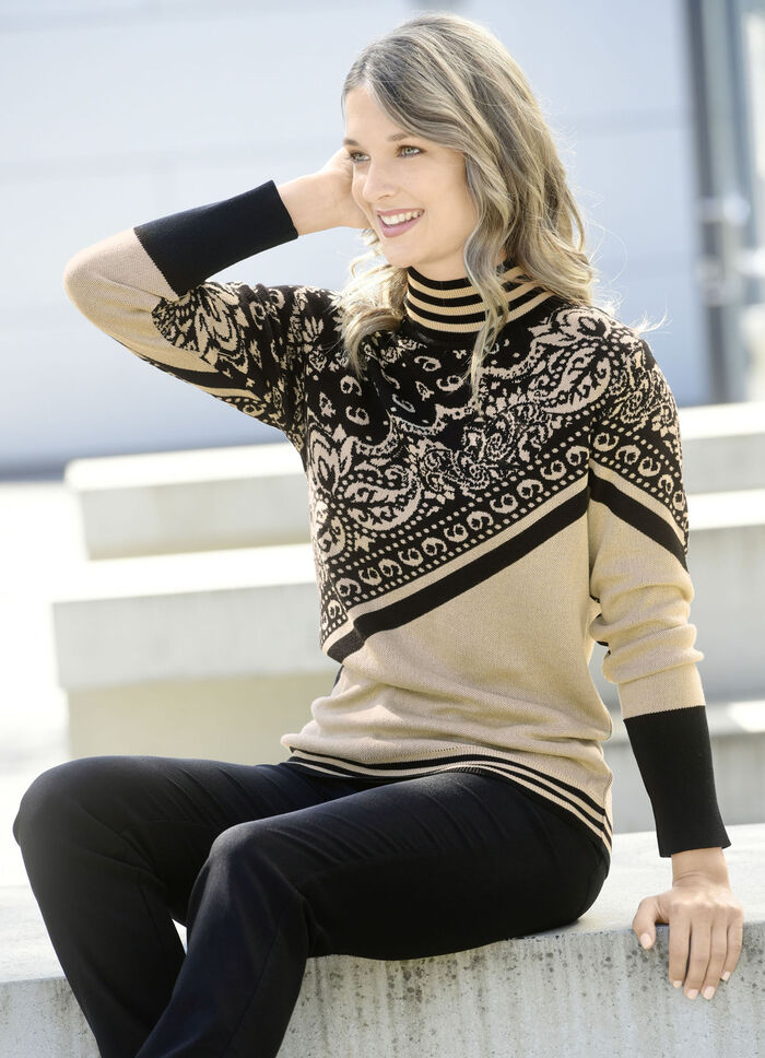 Trui in jacquardmotief BEIGE-ZWART