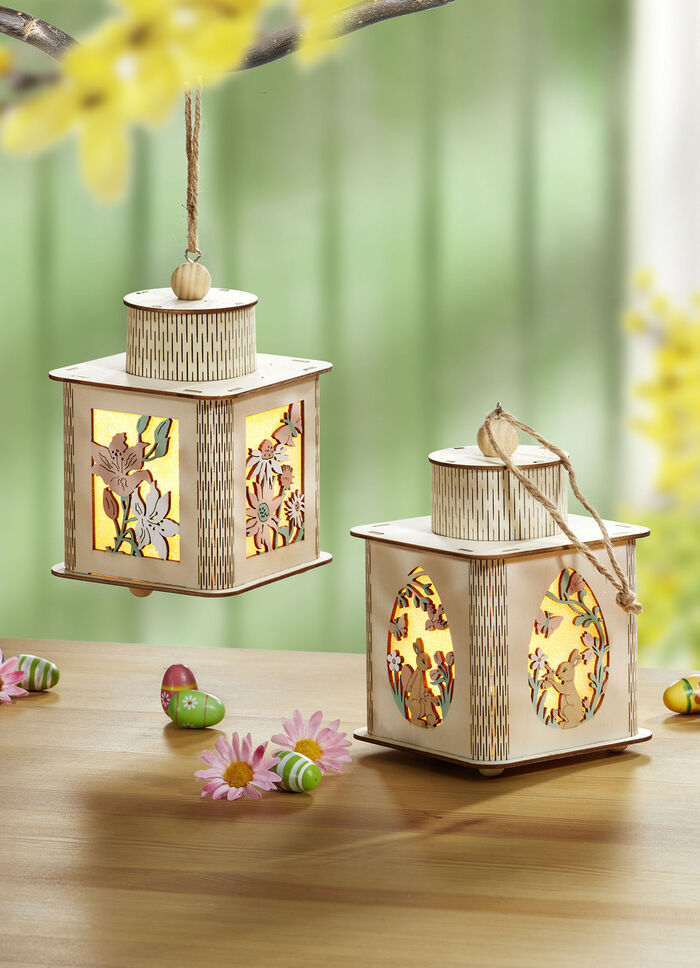 Verlichte houten lantaarn, set van 2 