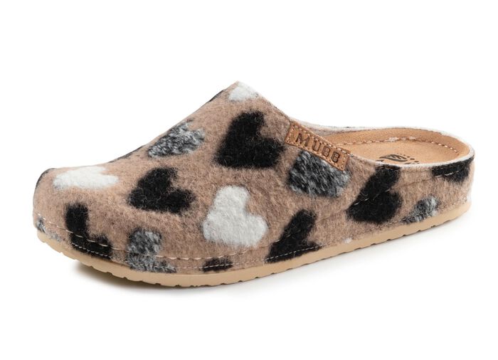 Mubb pantoffels van wolvilt met een brutaal hartjesmotief BEIGE-ZWART