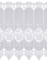 Korte venstervitrage met bloemen en macram&eacute;-kant 