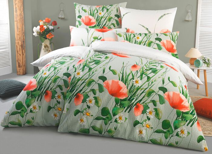 Beddenset met bedrukking aan beide zijden in seersucker-kwaliteit 