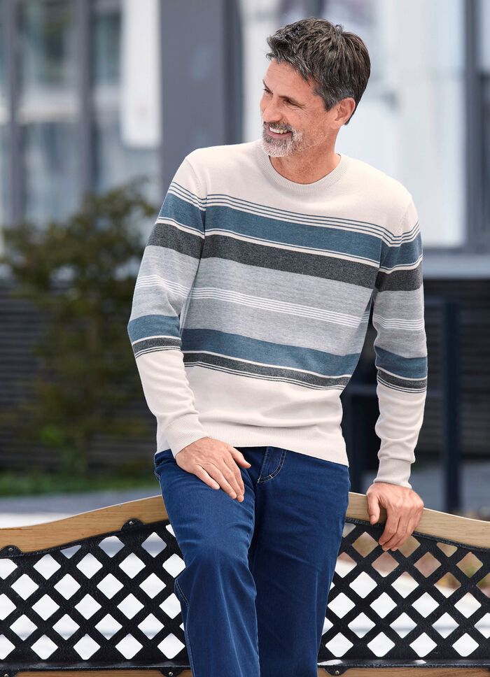 Trui met ronde hals NATUURGRIJS-JEANSBLAUW GESTREEPT