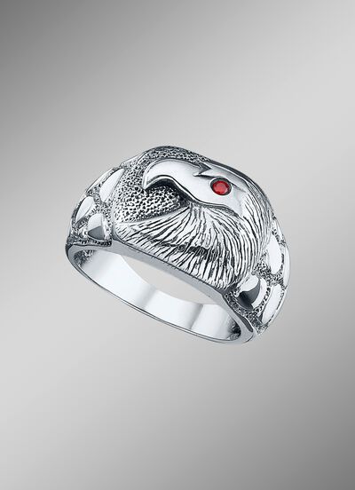 Stevige herenring met adelaar en echte granaat 