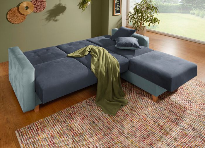 Gestoffeerde hoek met bedfunctie en 2 sierkussens HELLBLAU-DUNKELBLAU