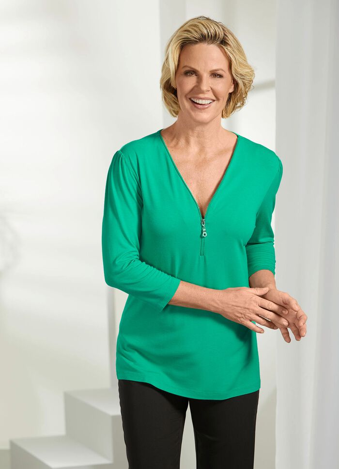 Shirt met rits op de V-hals GROENTE