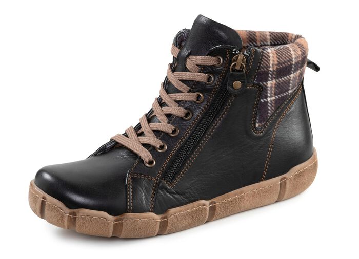 Veterlaarsje Andrea Conti met geruite textielboord ZWARTBRUIN