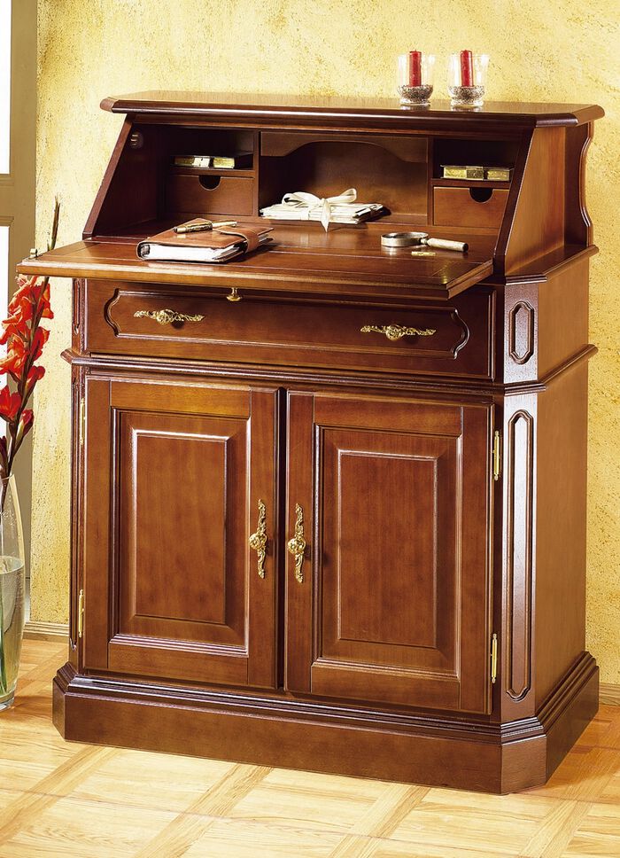 Secretaressebureau met elegante, goudkleurige metalen handgrepen 