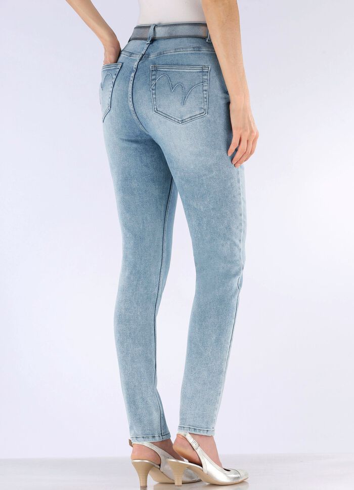 Jeans met strassversiering en glanzende bloemmotieven 