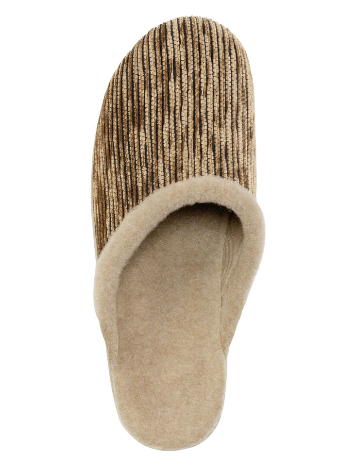Laurina pantoffels van iriserend corduroy materiaal met vilten bies KAMEEL