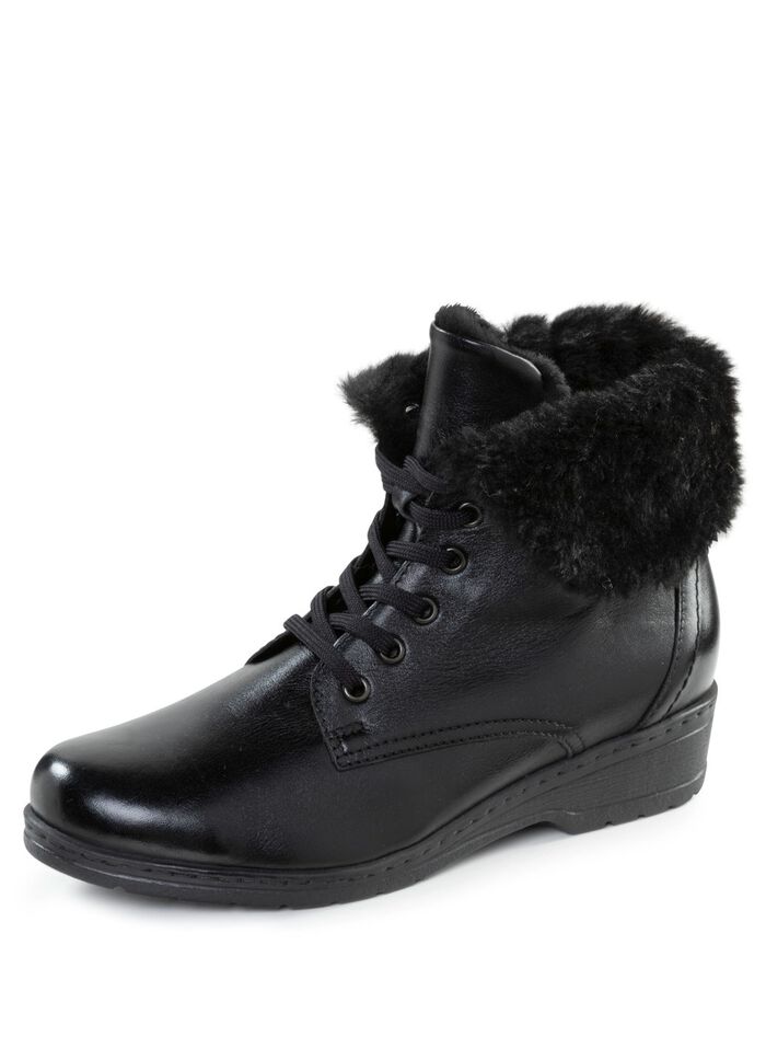 ELENA EDEN enkellaarzen met veters en omslagkraag van lamsleer ZWART