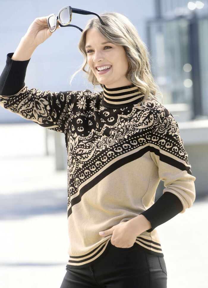 Trui in jacquardmotief BEIGE-ZWART