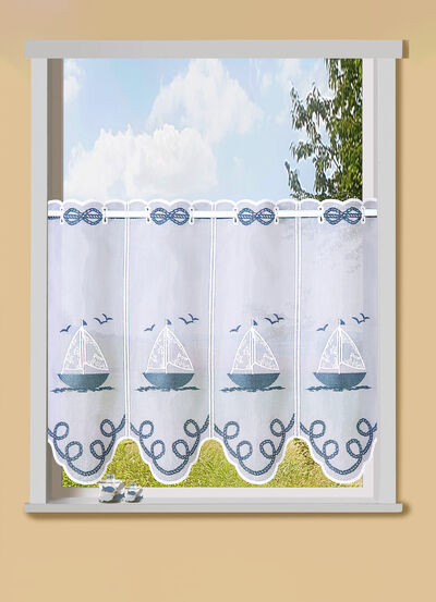 Korte jaloezieën van geborduurd batist met roededoorvoer 