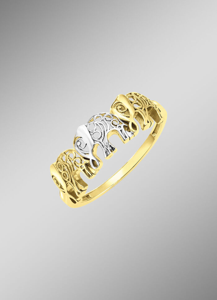 Opengewerkte damesring met olifantmotief in bicolor 