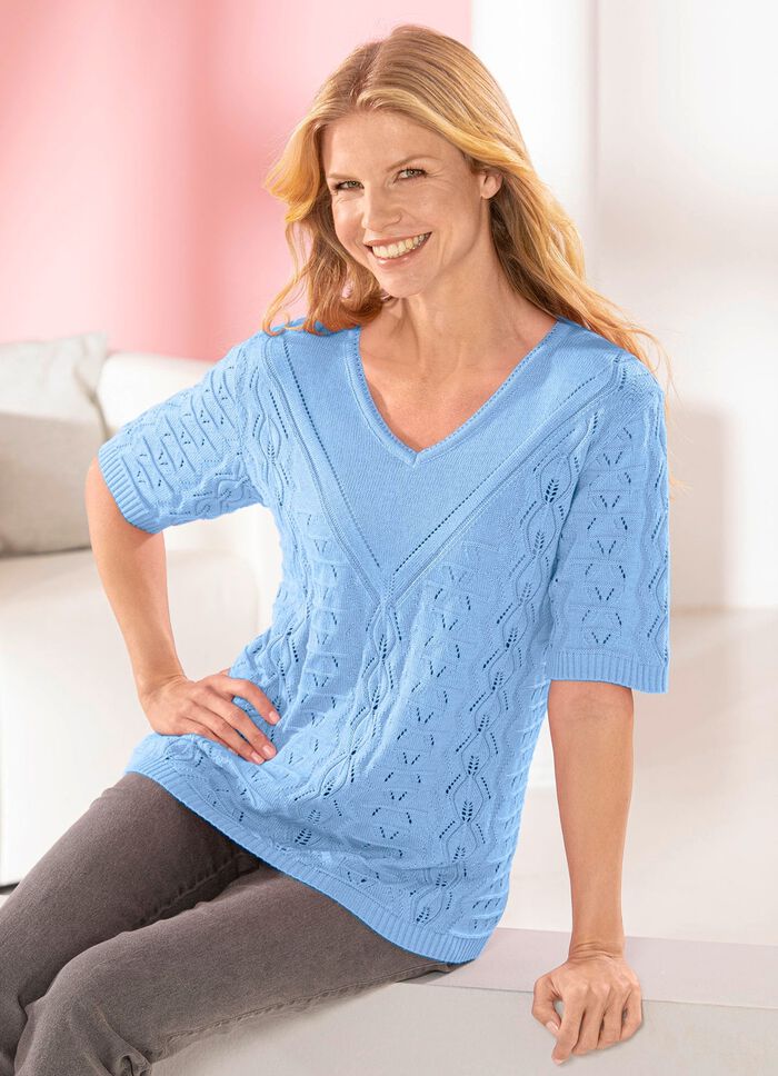 Trui met ajourmotief en structuurpatroon BLAUW