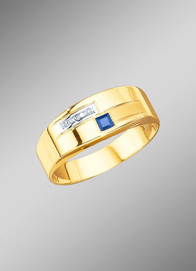 Herenring in bicolor met diamant en echte blauwe saffier 