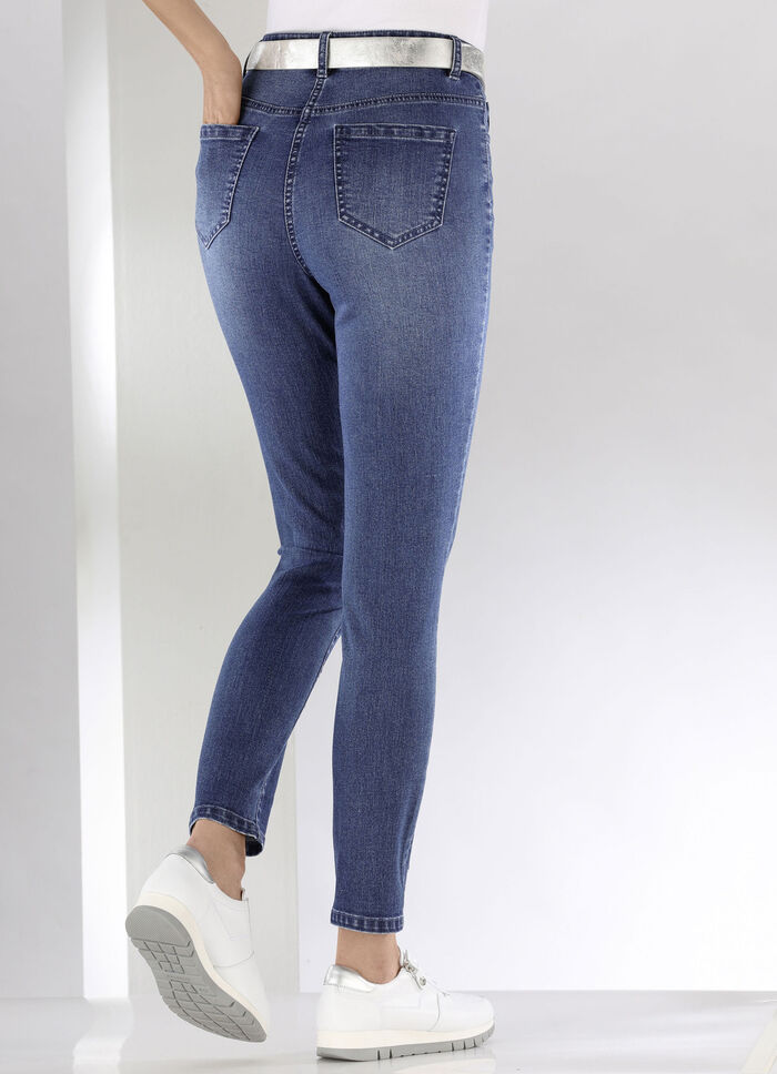 Jeans met geborduurde bloemetjes en strass-steentjes JEANS BLAUW