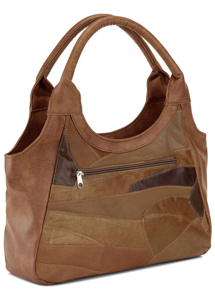 Nappaleer tas met patchwork COGNAC
