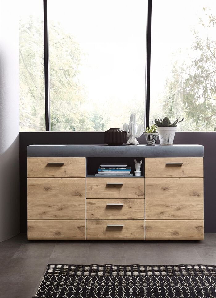 Sideboard met schuiflades en deuren voorzien van een Softclose-systeem en automatisch intrekmechanisme EIKENGRAFIET