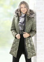 Lange jas met afneembare kunstbontgarnering 