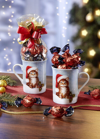 Mokken "Kerstkatje met hoed", set van 2 