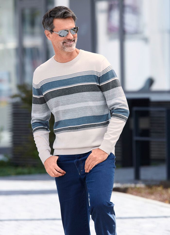 Trui met ronde hals NATUURGRIJS-JEANSBLAUW GESTREEPT