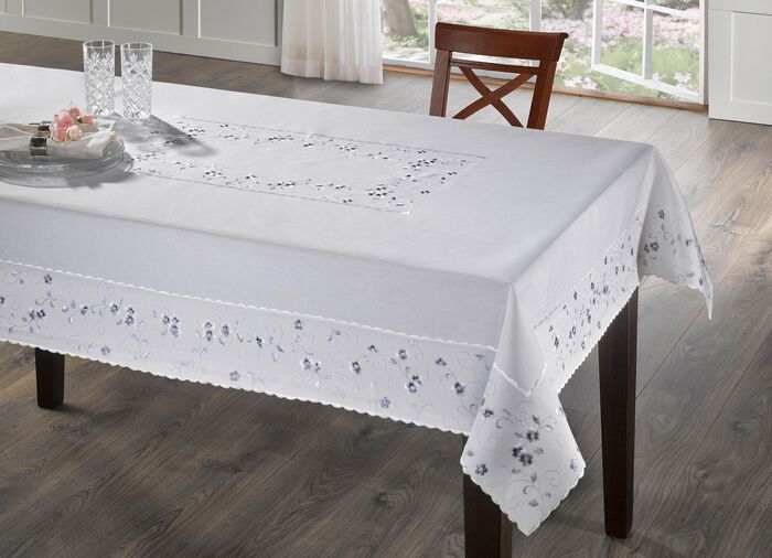Geborduurde tafel- en kamerdecoratie met bloemenrand WIT-GRIJS